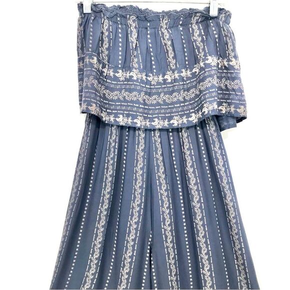 Japna Blue White Floral Vine Print Ruffled Strapless Boho Romper NEW - Picture 7 of 14